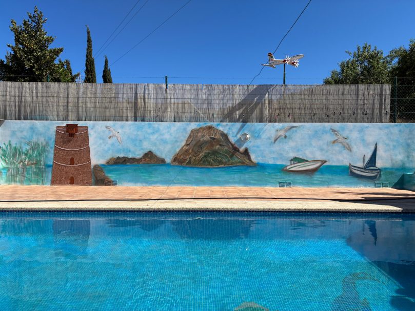 Mural de Es Vedrá en muro de piscina en Ibiza